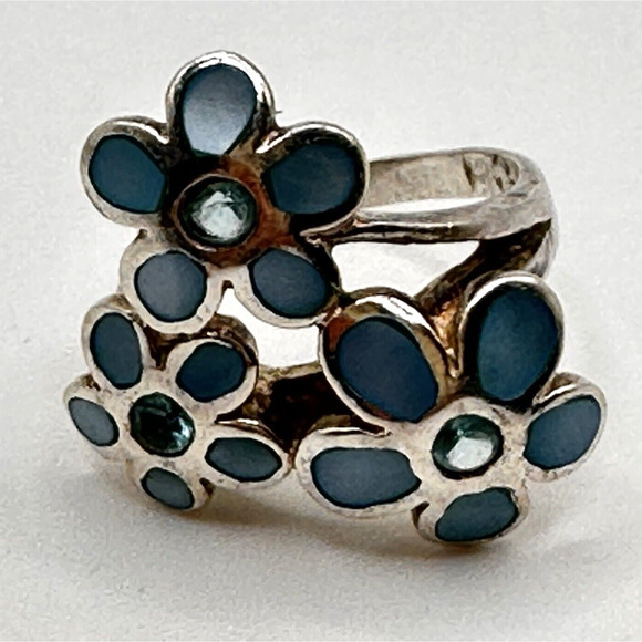 Château d’Argent Sterling Blue Mother of Pearl Triple Daisy Flower Ring sz 7.75 - Picture 5 of 13